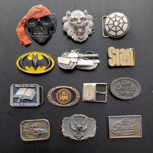 Vintage Belt Buckle Collection - Skull, Lion, Batman, UPS, Detroit News